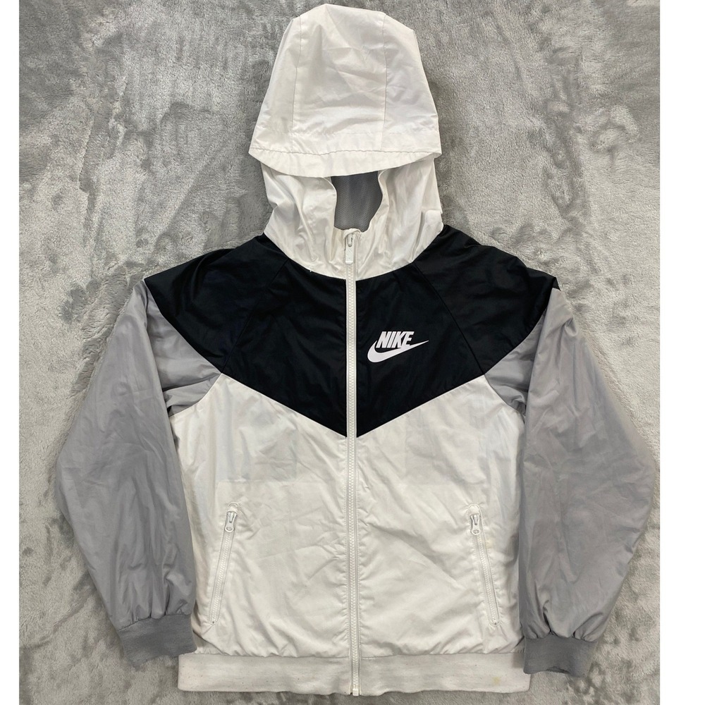 Nike Windrunner Jacket Women Medium White Black Grey Full Zip Hooded Sporty